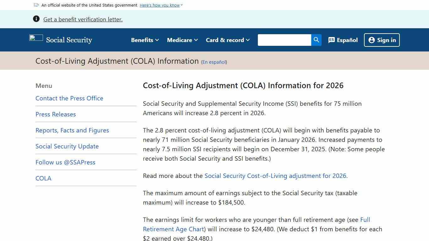 Cost-of-Living Adjustment (COLA) Information | News | SSA